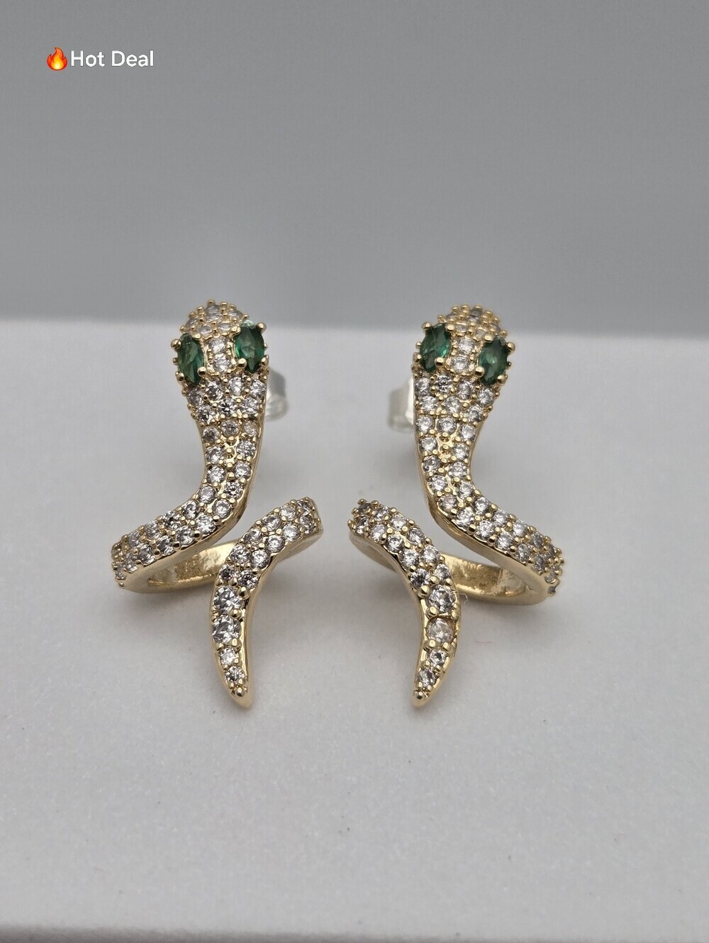 Snake Stud Earrings Green Eyes Gold Tone 1" 925 Sterling Silver CZ